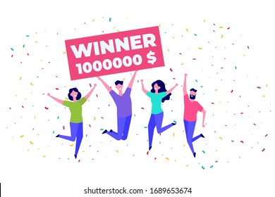 People holding giant check. Winning  ticket. You are winner.  Bib win lottery. Vector illustration
