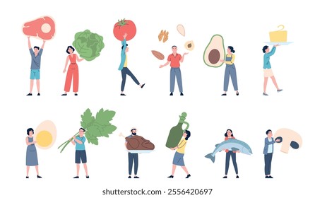 People holding giant food. Keto diet products, eggs meat vegetables. Women men eating fresh ingredients. Grocery store or market recent vector characters