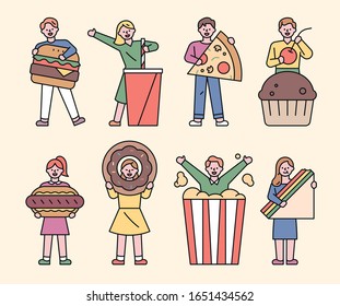 People are holding giant foods. flat design style minimal vector illustration.