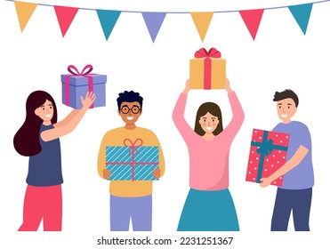 People holding gift boxes with happiness celebration in flat design on white background.