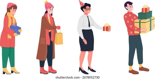 People holding gifts semi flat color vector characters set. Full body people on white. Holiday celebration isolated modern cartoon style illustration for graphic design and animation collection