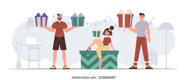 People are holding gifts in their hands. Modern character style.