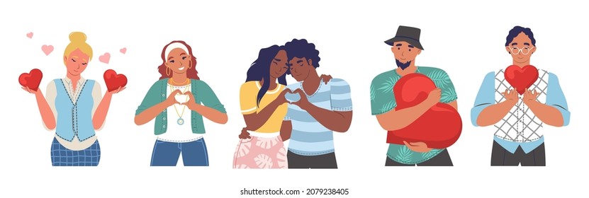 Gente sosteniendo, dando corazones compartiendo amor a los demás, vector plano ilustración aislada. Sentimientos románticos, relación de amor.