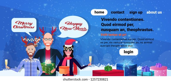 people holding glass of champagne man woman wearing deer costume chat bubble happy new year merry christmas concept flat horizontal banner copy space