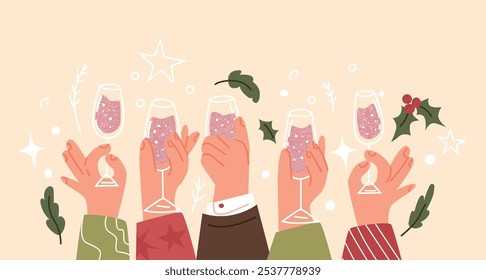 People holding glasses of champagne making a toast. Celebration christmas or new years eve party.