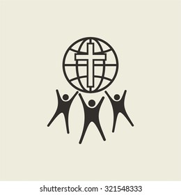 People holding up a globe and cross