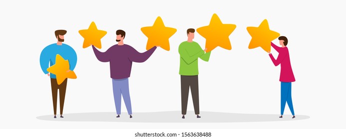 People holding gold rating stars. Positive review feedback, Quality assurance survey, Customer review, Quality rating concept. Vector illustration.