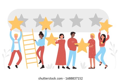 People holding golden stars over heads. Comments rate service, leave feedback consumer, five points score positive customer review evaluation and user experience satisfaction flat vector illustration.