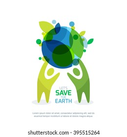 People Holding Green Earth. Abstract Illustration For Save Earth Day. Environmental, Ecology, Nature Protection Concept.