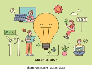 People holding green energy icons around a large light bulb. outline simple vector illustration.