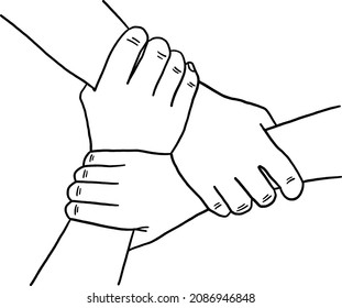 People holding hand together Teamwork concept Hand drawn line art illustration