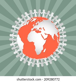 People Holding Hands Around Globe - Vector