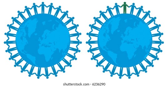 People holding hands around the planet, 2nd earth has one green person