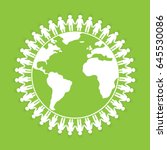 People holding hands around the wold on green background.Eco and business concept paper art style design.Vector illustration.