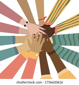 People holding hands in a circle. Team work, education, business training, volunteering charity, party concept. People of different races. Celebrating something. Vector illustration isolated on white