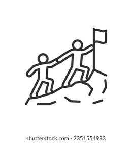 People holding hands climbing up the mountain to the flag, linear icon. Collaborative goal achievement, teamwork and endeavor. Line with editable stroke