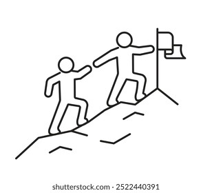 People holding hands climbing up the mountain to the flag, linear icon. Editable stroke