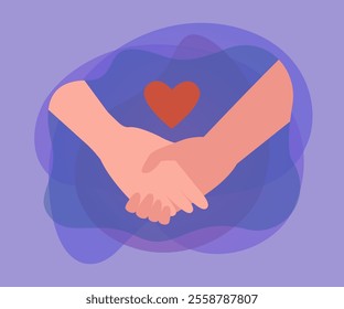 People holding hands and comic red heart. Hands of friends, couple or family members flat vector illustration. Love, care, friendship, charity concept for banner, website design or landing page