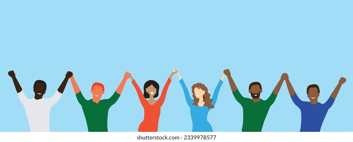 People holding hands. Community, union, team or friendship concept. Men and women. Flat style. Vector illustration