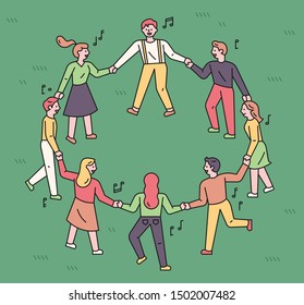 People are holding hands   dancing roundly  flat design style minimal vector illustration