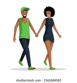 People holding hands flat vector illustration. Young african american couple spend time together cartoon characters. Happy married pair in love, husband and wife on walk, romantic date