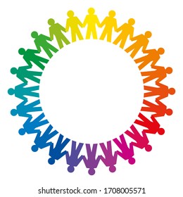 People Holding Hands Forming A Big Rainbow Circle. Abstract Symbol Of Connected People Standing A Circle To Express Friendship, Love And Harmony. We Are One World. Black And White Illustration. Vector