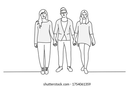 People holding hands. Line drawing vector illustration.