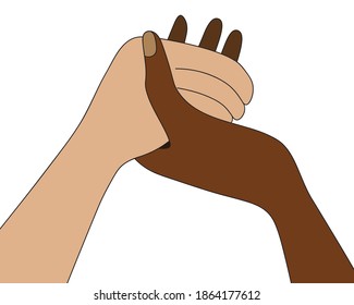 People Are Holding Hands. A Multiracial Family Prays At The Dinner Table. Colored Vector Illustration. Isolated White Background. Prayer Before Meals On Thanksgiving Day. Religious Motives. 