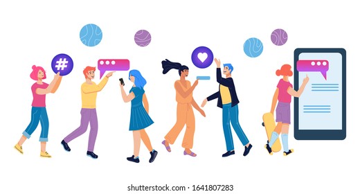 People holding hands on social media communication icons, messaging and chatting. Online connection technology concept. Exchange information and human relations on internet. Flat vector illustration.