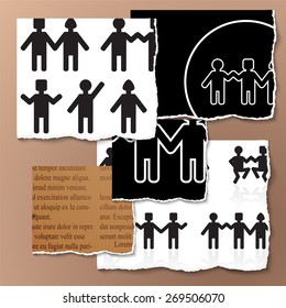 people holding hands on the torn paper.group of people. stock vector