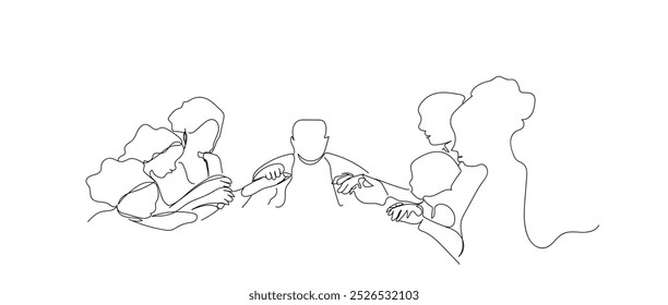 Las Personas se toman de la mano. Oración en la mesa. Boceto. Ilustración vectorial. Oración antes de las comidas en el Día de Acción de Gracias. Vector hecho a mano, no IA.