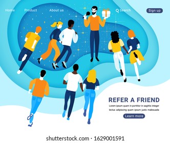 People holding hands, running together to a person speaking into a microphone. Referral program design concept. Modern hand drawn flat style illustration. Paper art background. Vector website template