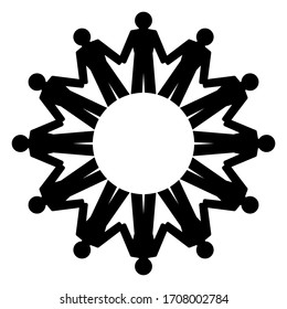 People holding hands and standing in a circle. Abstract symbol of connected people forming a circle to express friendship, love and harmony. We are one world. Black and white illustration. Vector.