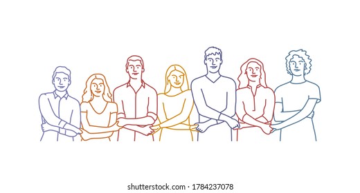 People holding hands together in a line. Hand drawn vector illustration.