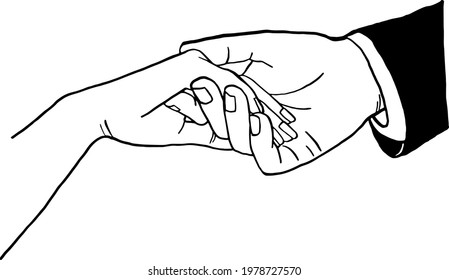 People holding hands together Man Woman love marriage concept Hand drawn line art illustration