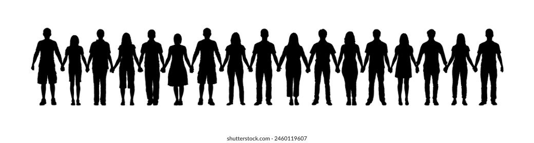 People holding hands together in row vector silhouette set. Young people standing together black silhouette collection.	