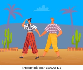 People holding hands and wearing summer clothes walking in exotic area. Tourists strolling on weekends in mexico. Cactus and palm tree of hot country. Couple on vacations, vector in flat style