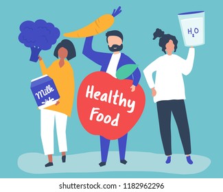 People holding healthy food icons