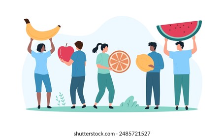 Personas que contienen un set de fruta saludable. Pequeños personajes masculinos y femeninos llevan grandes bananas frescas, limón y manzana, sostienen rebanadas de naranja jugosa vitamina y Ilustración vectorial de dibujos animados de sandía