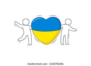 People holding heart with colored the flag of Ukraine. Support concept for Ukraine. Vector cartoon icon with heart against war.