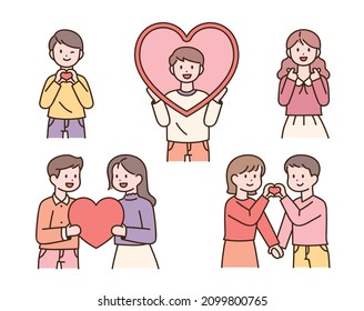 People holding hearts and giving love to their neighbors. flat design style vector illustration.