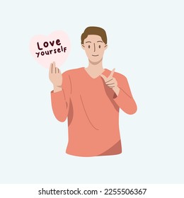 people holding hearts shape with love yourself text.Self love and self care. Love yourself. Love your body concept. Hand draw style. Vector illustration.