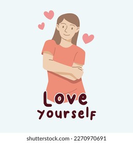 people holding hearts shape with love yourself text.Self love and self care. Love yourself. Love your body concept. Hand draw style. Vector illustration.