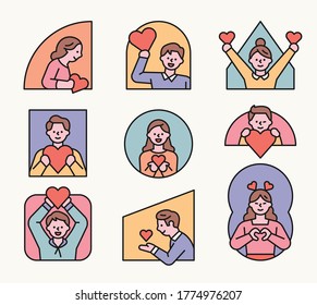 La gente está sosteniendo corazones en las ventanas de varias formas. estilo de diseño plano ilustración vectorial mínima.