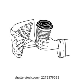 People holding Hot coffee and croissant Hand drawn line art Illustration