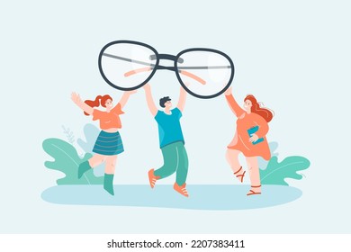 People holding huge eyeglasses flat vector illustration. Eyesight, vision, examination, healthcare, diagnosis concept for banner, website design or landing web page