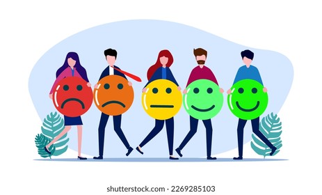 People holding icon to express their feelings. Symbolic votes. Colorful Emotional Feedback for Customer Service Rating
