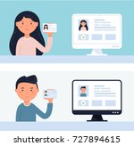 People Holding up ID Cards. Account Verification Vector Illustration