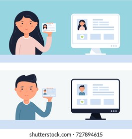 People Holding up ID Cards. Account Verification Vector Illustration