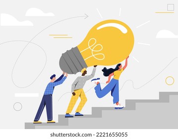 People holding idea. Man and woman go up stairs with light bulb. Creative idea and insight, brainstorming. Collaboration and cooperation. Poster or banner for website. Cartoon flat vector illustration